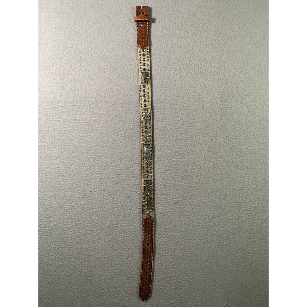 Nocona Kids Calf Hair-on Hide Leather Belt 26 Blue Rhinestone Western Unisex